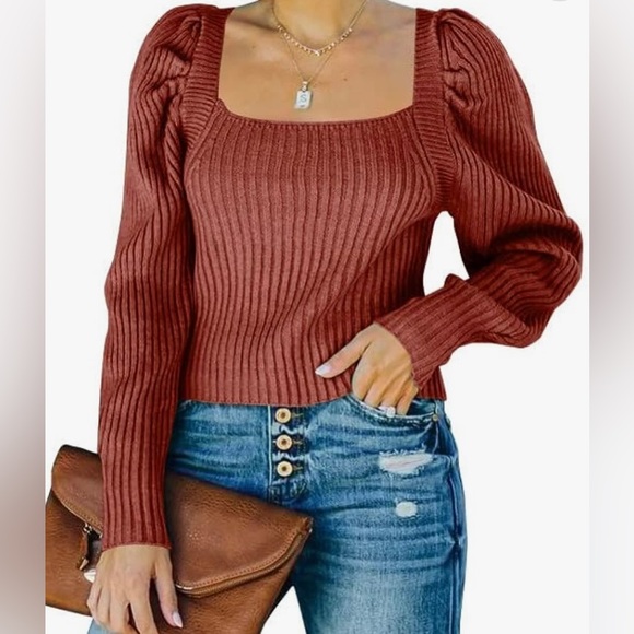 Women's Square Neck Long Lantern Sleeve Sweater Fit Chunky Knitted Pullover - Picture 3 of 6